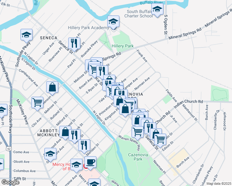 map of restaurants, bars, coffee shops, grocery stores, and more near 6 Norman Avenue in Buffalo