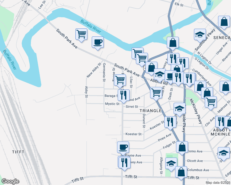map of restaurants, bars, coffee shops, grocery stores, and more near 640 Hopkins Street in Buffalo
