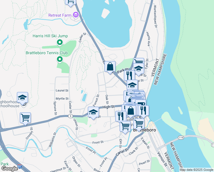 map of restaurants, bars, coffee shops, grocery stores, and more near 83 Oak Street in Brattleboro