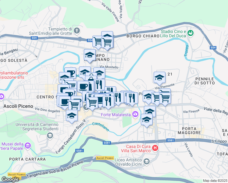 map of restaurants, bars, coffee shops, grocery stores, and more near 2 Via Pietro Alamanni in Ascoli Piceno