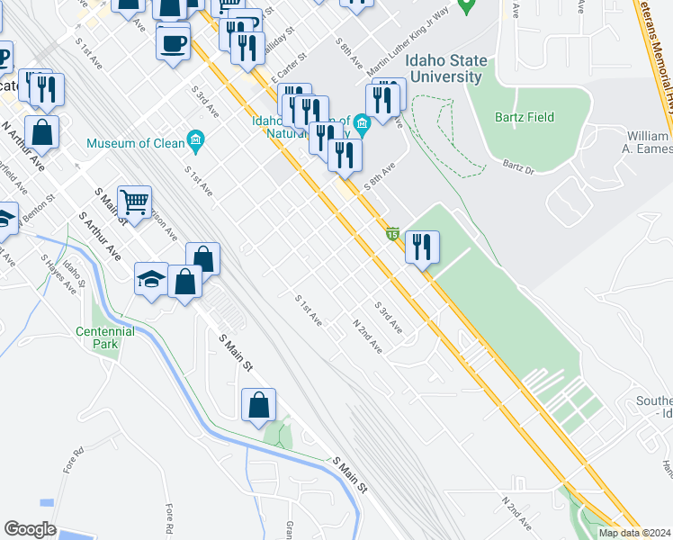 map of restaurants, bars, coffee shops, grocery stores, and more near 1331 South 3rd Avenue in Pocatello