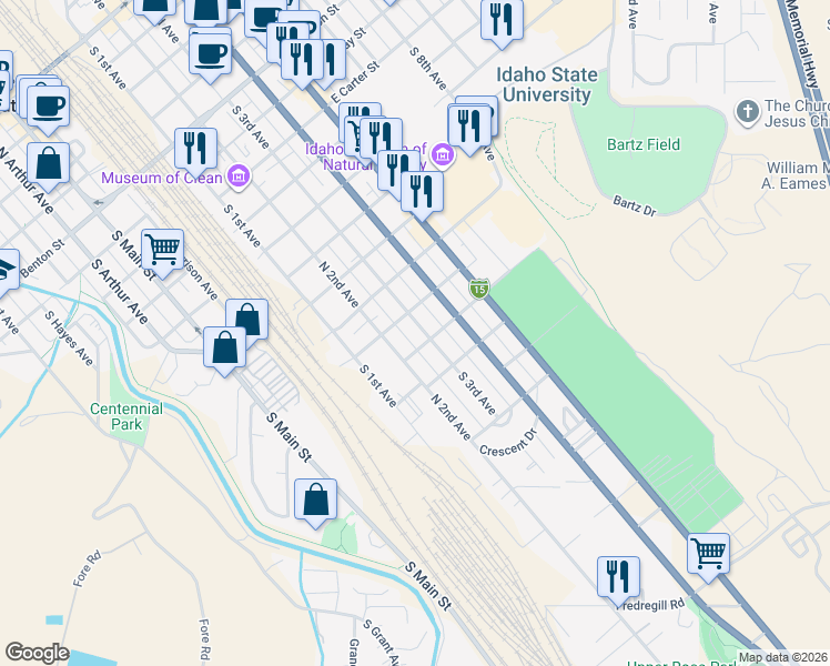 map of restaurants, bars, coffee shops, grocery stores, and more near 1333 South 3rd Avenue in Pocatello