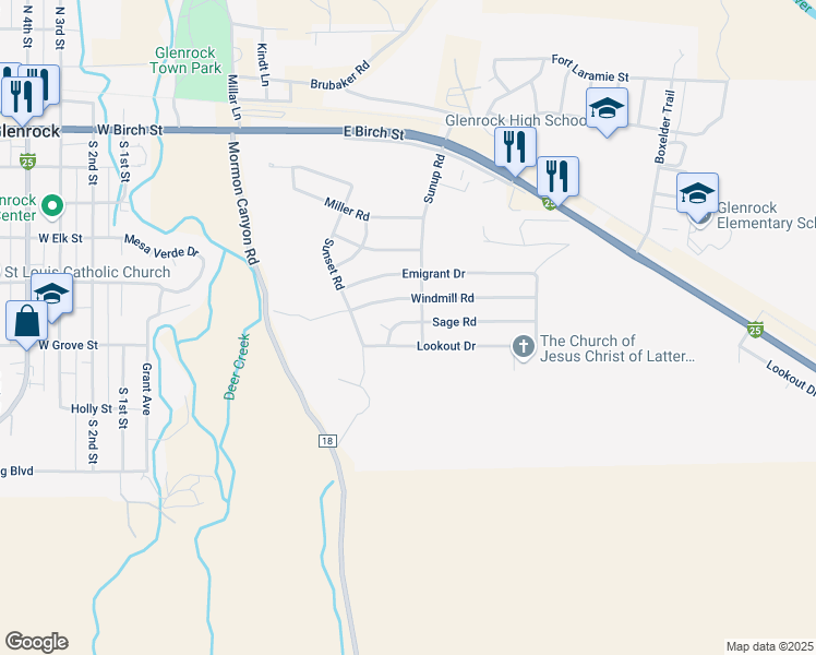 map of restaurants, bars, coffee shops, grocery stores, and more near 469 Sage Road in Glenrock