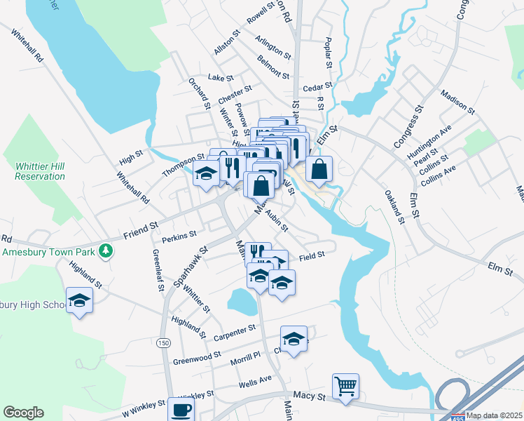 map of restaurants, bars, coffee shops, grocery stores, and more near 140 Main Street in Amesbury