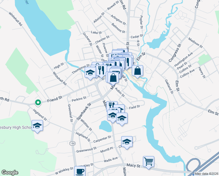 map of restaurants, bars, coffee shops, grocery stores, and more near 140 Main Street in Amesbury