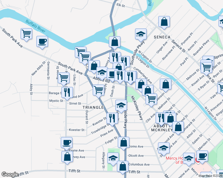 map of restaurants, bars, coffee shops, grocery stores, and more near 62 Remoleno Street in Buffalo