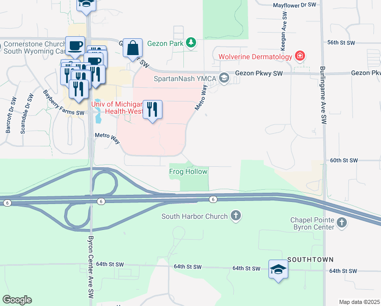 map of restaurants, bars, coffee shops, grocery stores, and more near 5950 Metro Way in Wyoming