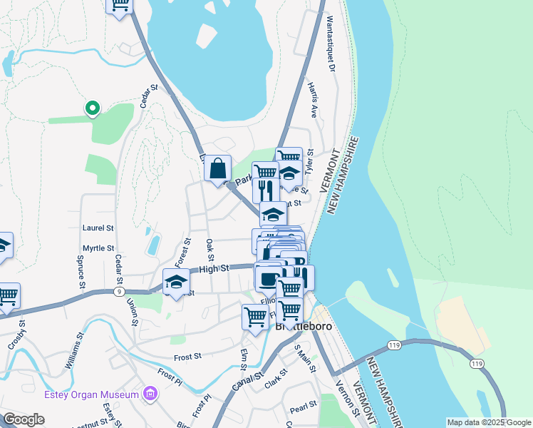 map of restaurants, bars, coffee shops, grocery stores, and more near 15 Putney Road in Brattleboro
