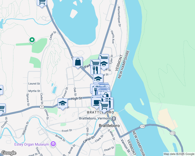 map of restaurants, bars, coffee shops, grocery stores, and more near 15 Putney Road in Brattleboro