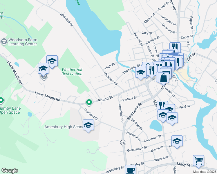 map of restaurants, bars, coffee shops, grocery stores, and more near 38 Whitehall Road in Amesbury