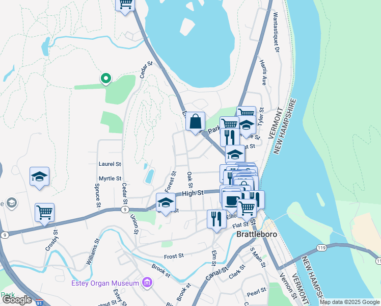 map of restaurants, bars, coffee shops, grocery stores, and more near in Brattleboro