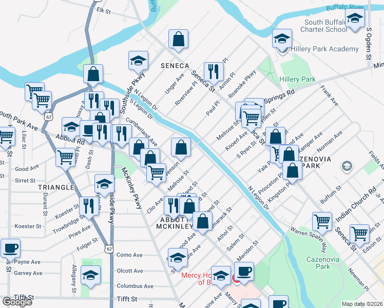 map of restaurants, bars, coffee shops, grocery stores, and more near 114 Stevenson Street in Buffalo