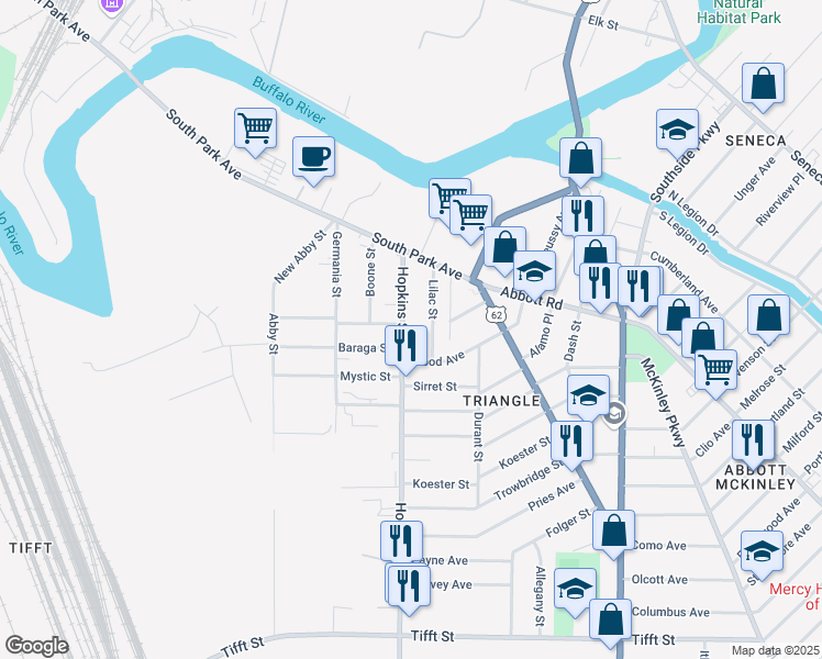 map of restaurants, bars, coffee shops, grocery stores, and more near 694 Hopkins Street in Buffalo