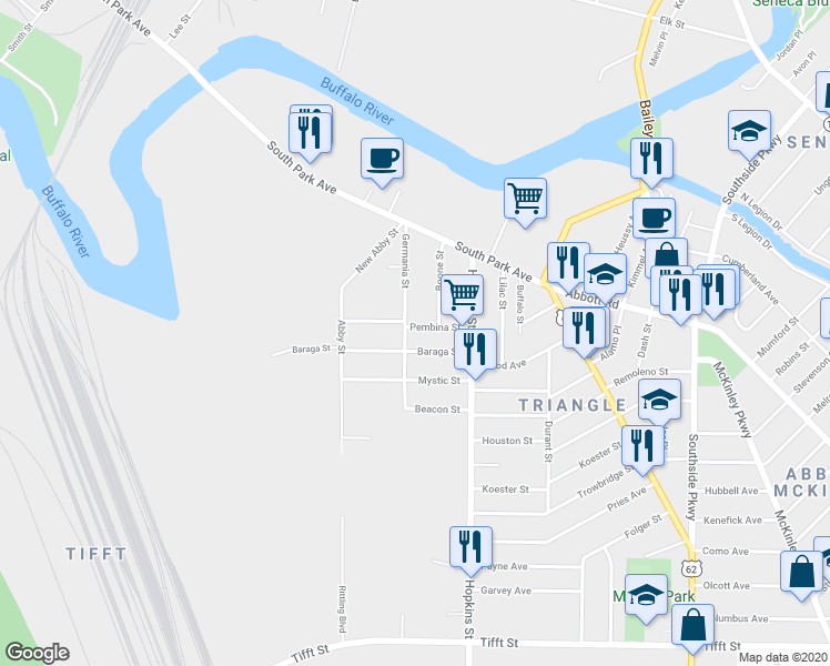 map of restaurants, bars, coffee shops, grocery stores, and more near 16 Boone Street in Buffalo