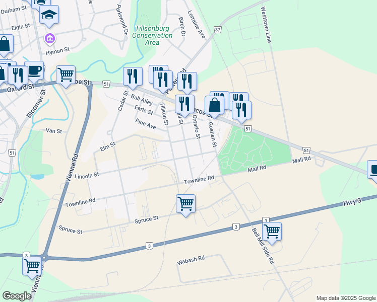 map of restaurants, bars, coffee shops, grocery stores, and more near 29 Ball Street in Tillsonburg