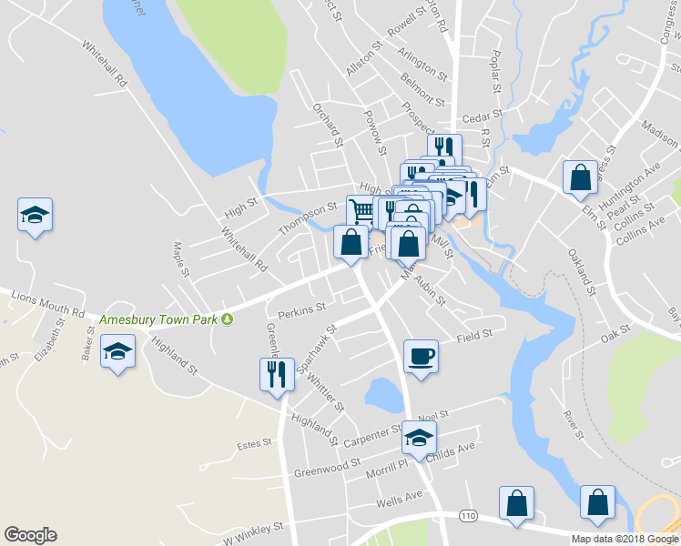 map of restaurants, bars, coffee shops, grocery stores, and more near 80 Friend Street in Amesbury