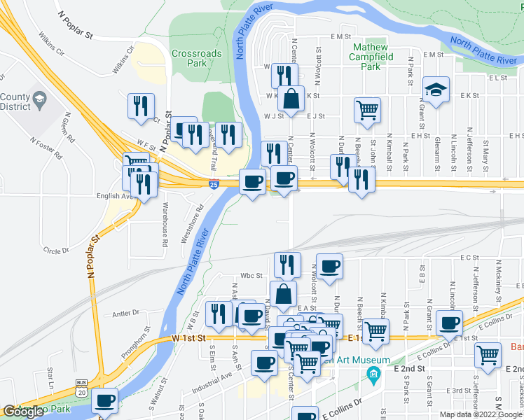 map of restaurants, bars, coffee shops, grocery stores, and more near 123 West E Street in Casper