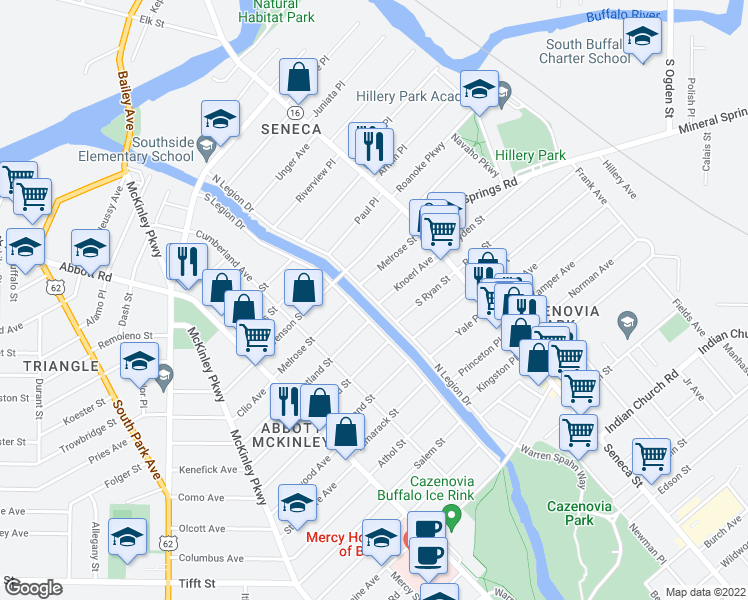 map of restaurants, bars, coffee shops, grocery stores, and more near 353 North Legion Drive in Buffalo