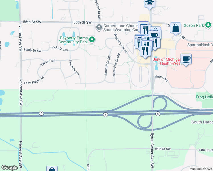 map of restaurants, bars, coffee shops, grocery stores, and more near 2651 Cotherstone Drive Southwest in Wyoming