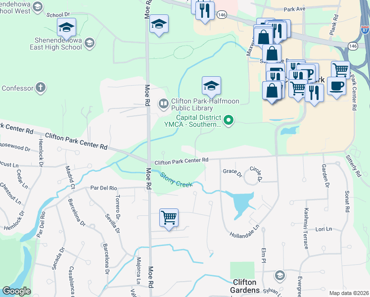 map of restaurants, bars, coffee shops, grocery stores, and more near 489 Clifton Park Center Road in Saratoga County