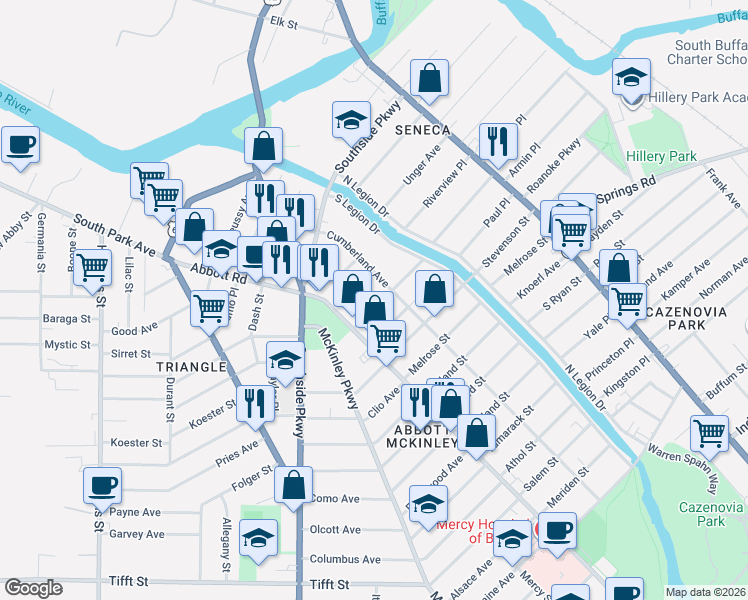 map of restaurants, bars, coffee shops, grocery stores, and more near 38 Mumford Street in Buffalo