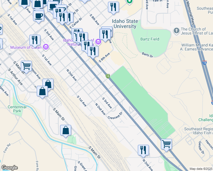 map of restaurants, bars, coffee shops, grocery stores, and more near 1430 South 4th Avenue in Pocatello