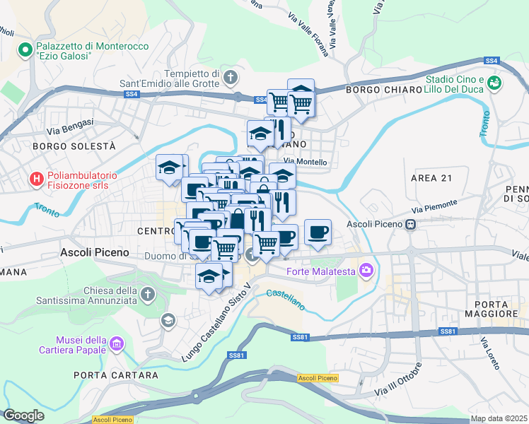 map of restaurants, bars, coffee shops, grocery stores, and more near 2-4 Rua del Mago in Ascoli Piceno