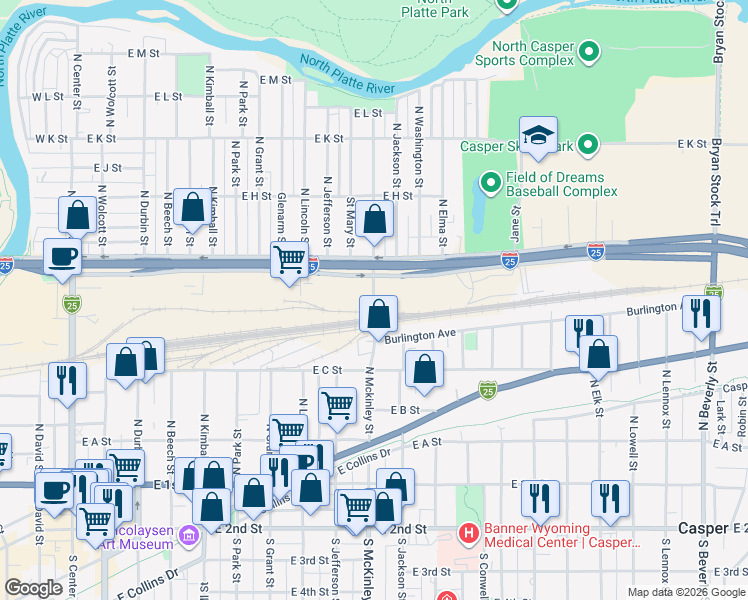 map of restaurants, bars, coffee shops, grocery stores, and more near North Mckinley Street in Casper
