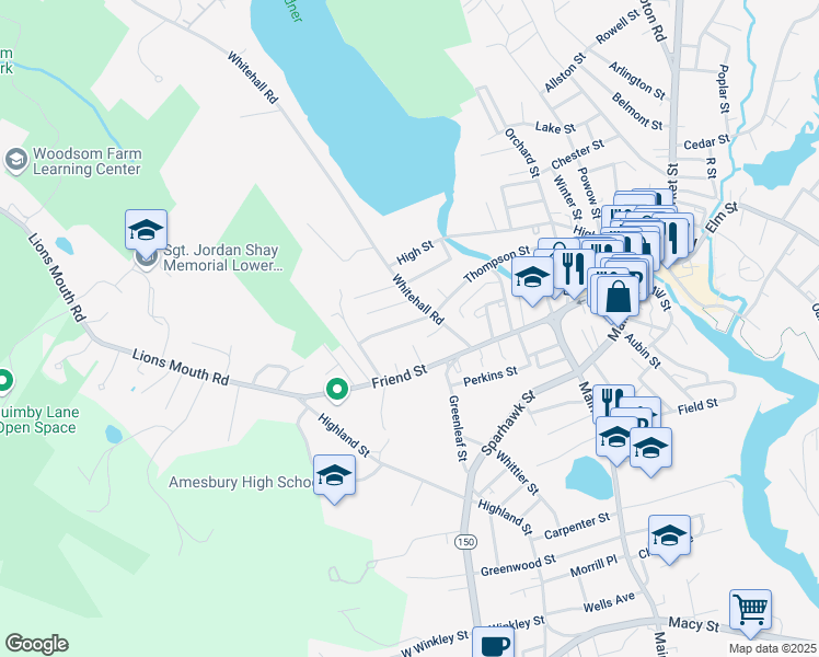 map of restaurants, bars, coffee shops, grocery stores, and more near 7 Whittier Avenue in Amesbury