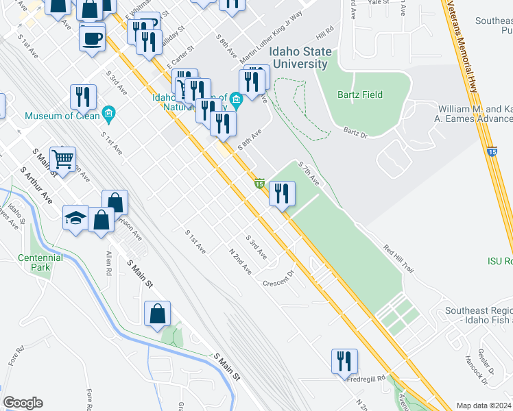 map of restaurants, bars, coffee shops, grocery stores, and more near 1415 South 5th Avenue in Pocatello