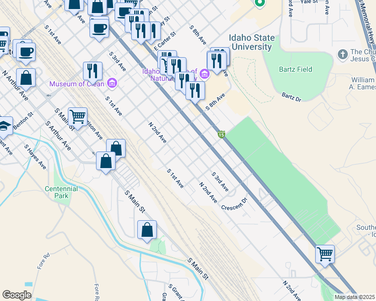 map of restaurants, bars, coffee shops, grocery stores, and more near 1247 South 3rd Avenue in Pocatello