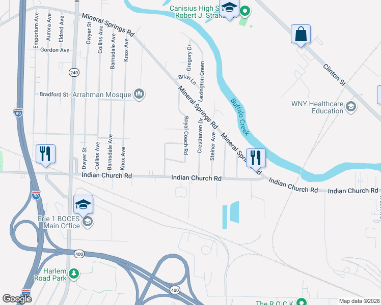 map of restaurants, bars, coffee shops, grocery stores, and more near 76 Cresthaven Drive in West Seneca