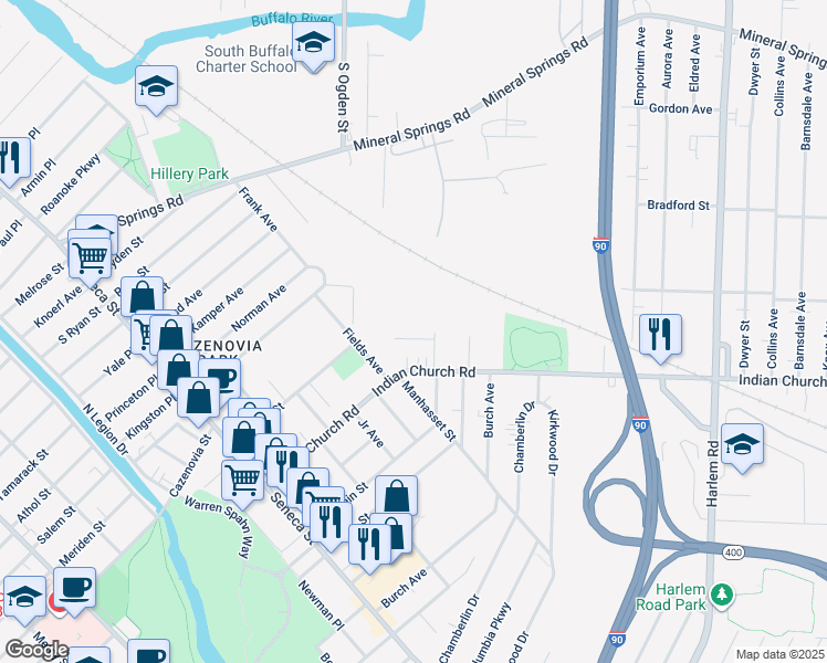map of restaurants, bars, coffee shops, grocery stores, and more near 14 Forrestal Lane in Buffalo