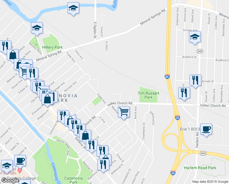 map of restaurants, bars, coffee shops, grocery stores, and more near 14 Forrestal Lane in Buffalo