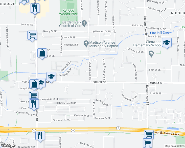map of restaurants, bars, coffee shops, grocery stores, and more near 5938 Madison Avenue Southeast in Kentwood