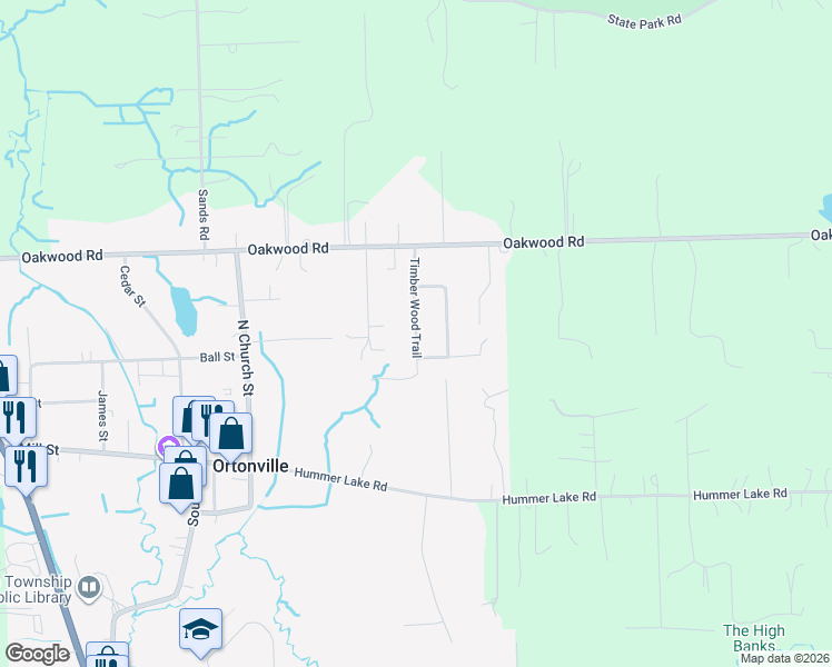 map of restaurants, bars, coffee shops, grocery stores, and more near Timber Wood Trail in Brandon Township
