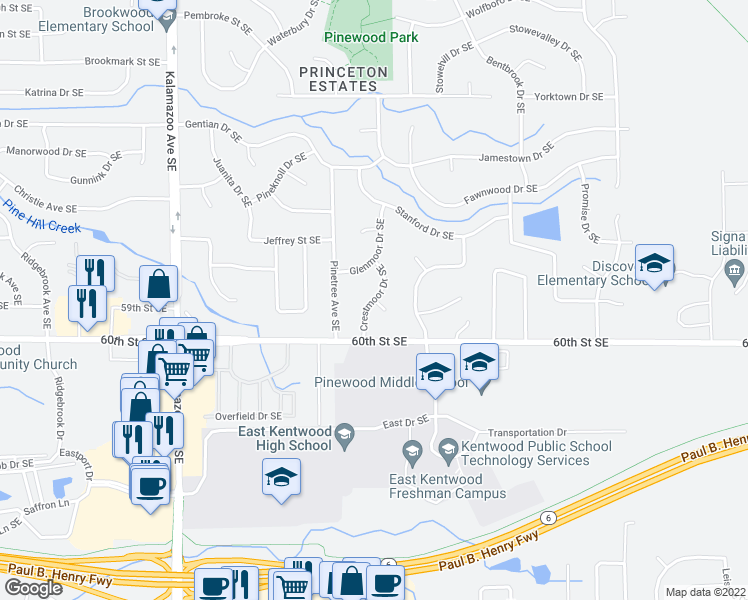 map of restaurants, bars, coffee shops, grocery stores, and more near Crestmoor Dr SE & Crestmoor Ct SE in Kentwood