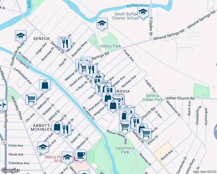 map of restaurants, bars, coffee shops, grocery stores, and more near 36 Kamper Avenue in Buffalo