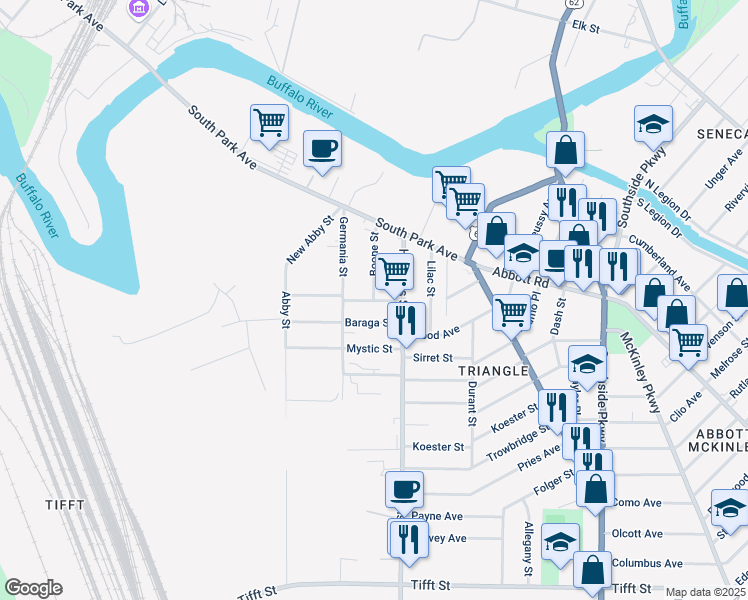 map of restaurants, bars, coffee shops, grocery stores, and more near 34 Pembina Street in Buffalo