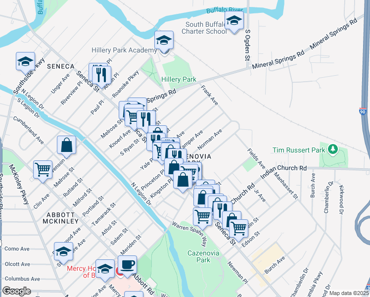 map of restaurants, bars, coffee shops, grocery stores, and more near 55 Kamper Avenue in Buffalo