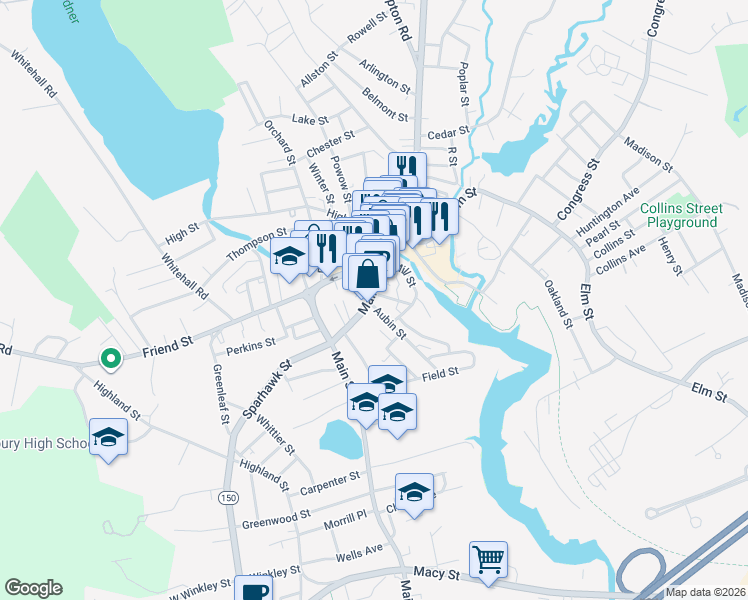 map of restaurants, bars, coffee shops, grocery stores, and more near 101 Main Street in Amesbury