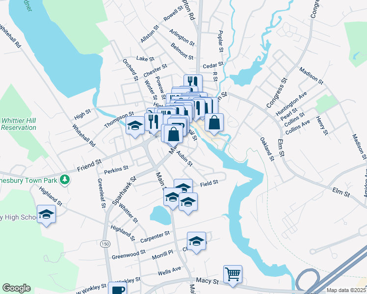 map of restaurants, bars, coffee shops, grocery stores, and more near 11 1/2 Mill Street in Amesbury