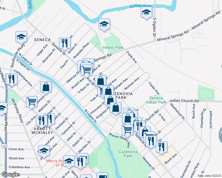 map of restaurants, bars, coffee shops, grocery stores, and more near 47 Weyand Avenue in Buffalo