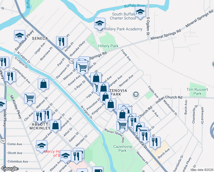 map of restaurants, bars, coffee shops, grocery stores, and more near 47 Weyand Avenue in Buffalo