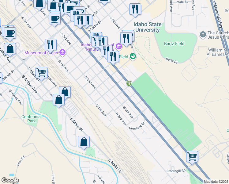 map of restaurants, bars, coffee shops, grocery stores, and more near 1317 South 4th Avenue in Pocatello