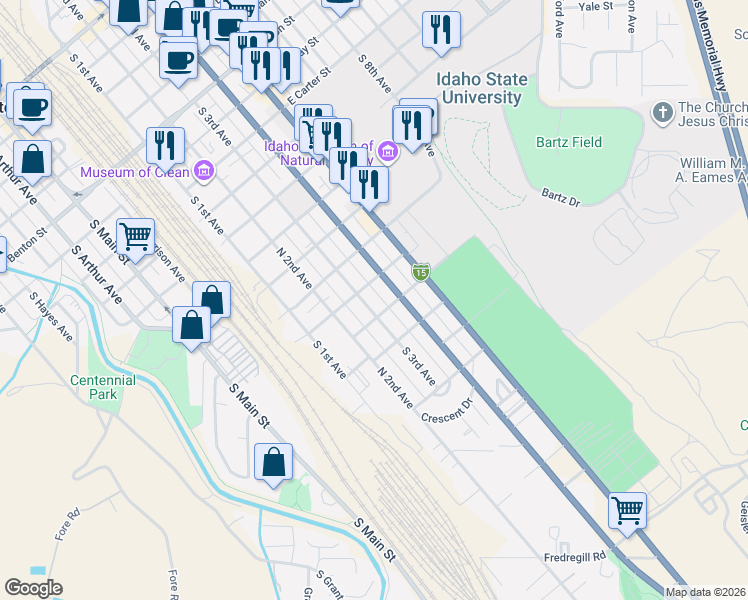 map of restaurants, bars, coffee shops, grocery stores, and more near 1317 South 4th Avenue in Pocatello