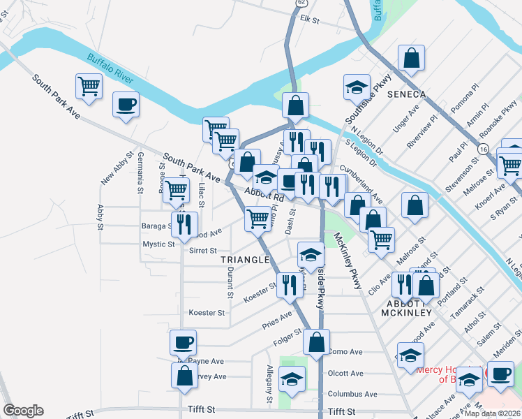 map of restaurants, bars, coffee shops, grocery stores, and more near 31 Abbott Road in Buffalo