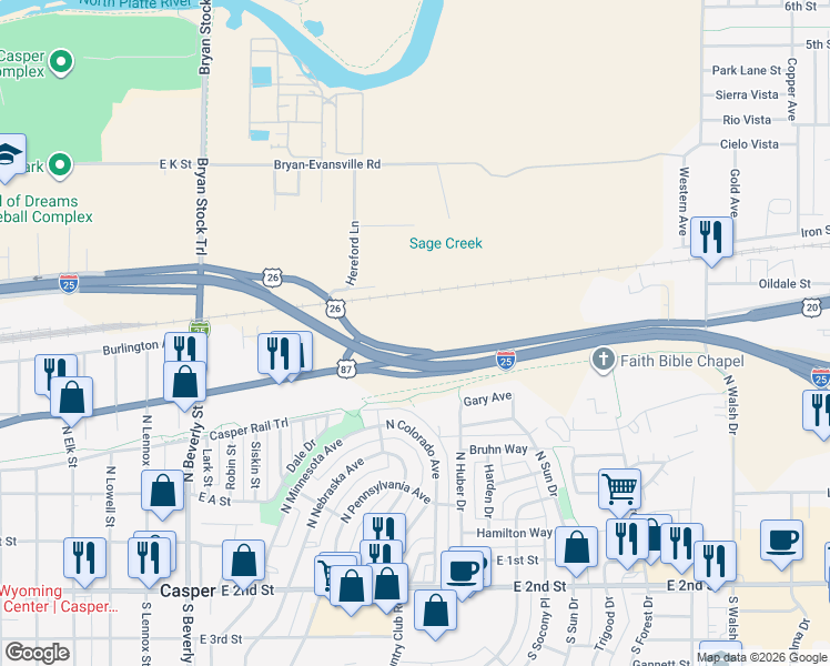 map of restaurants, bars, coffee shops, grocery stores, and more near 2800 East Yellowstone Highway in Casper