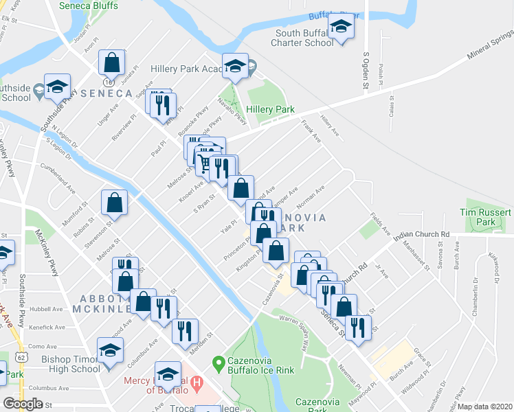 map of restaurants, bars, coffee shops, grocery stores, and more near 27 Weyand Avenue in Buffalo