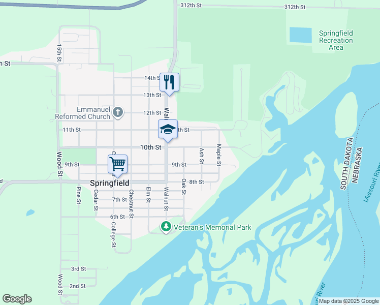 map of restaurants, bars, coffee shops, grocery stores, and more near 407 10th Street in Springfield